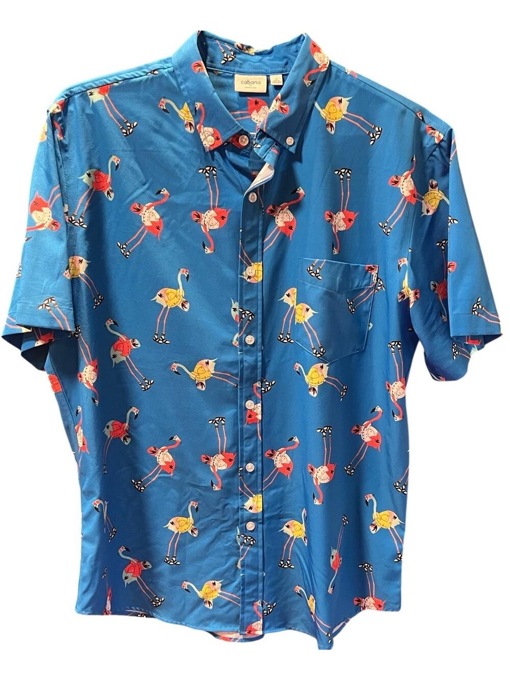Cabana by Crown & Ivy Men's Short Sleeve Shirt L Blue Flamingo Pocket Button Up